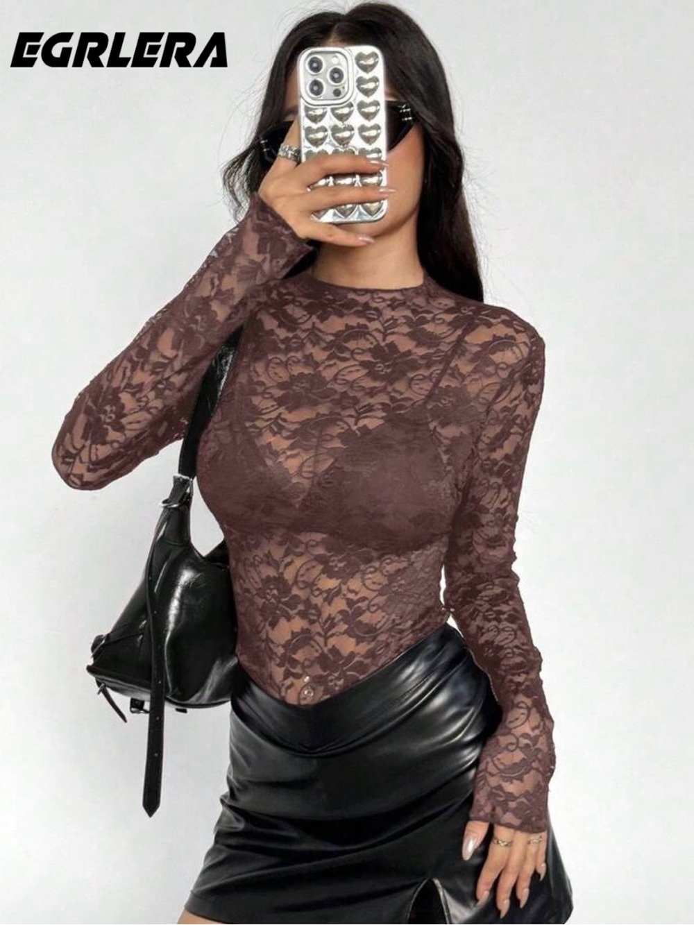 SHEIN BOTH Brown and White Floral Lace Long-Sleeve Top Mesh